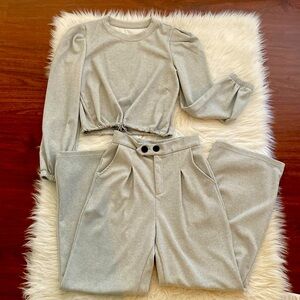 Puff sleeve pullover top & plicated detail pants